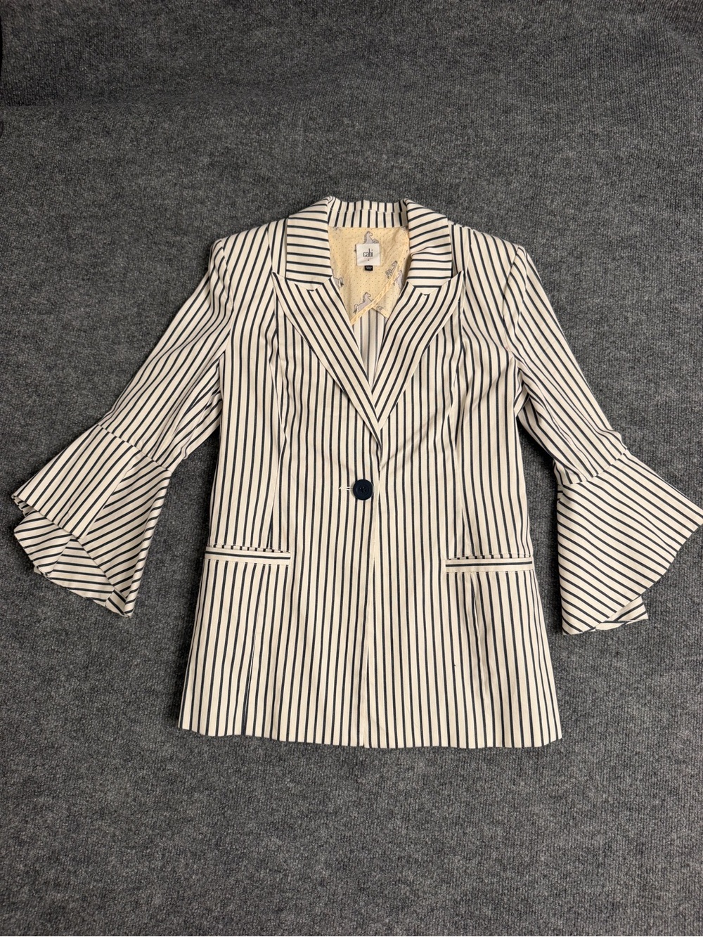CAbi Cream Blazer with Black Pinstripes and Bell Sleeves